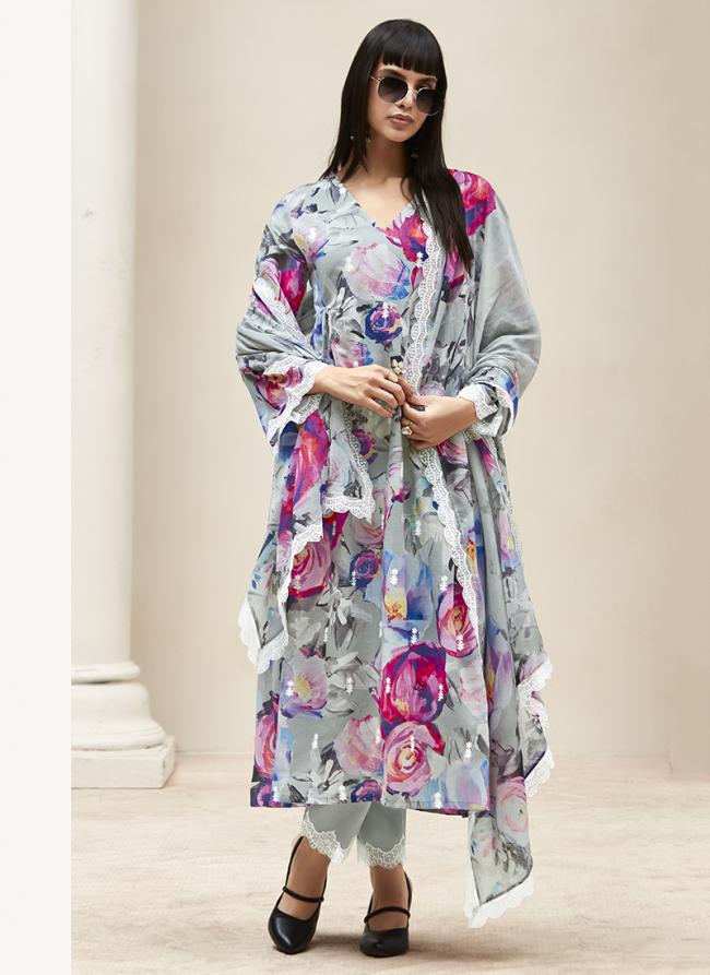 Pure Linen Grey Party Wear Digital Printed Salwar Suit